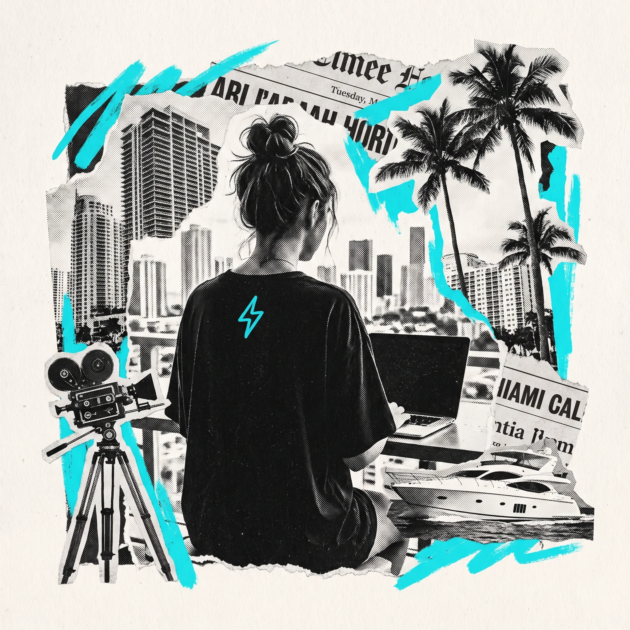 MIND MIAMI — creative editorial collage: a creative seen from behind on a Miami rooftop with a laptop, skyline, palms, yacht and a film camera