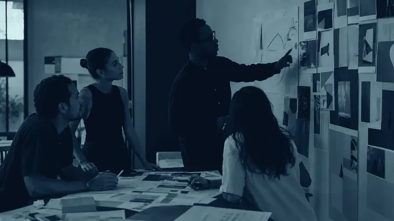 The Mind Miami team working a wall of printed references together, standing in for a small business's in-house creative department