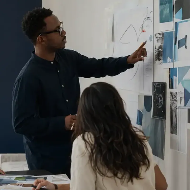 A Mind Miami strategist walking the team through a moodboard wall of printed brand references while a colleague works through the samples on the table