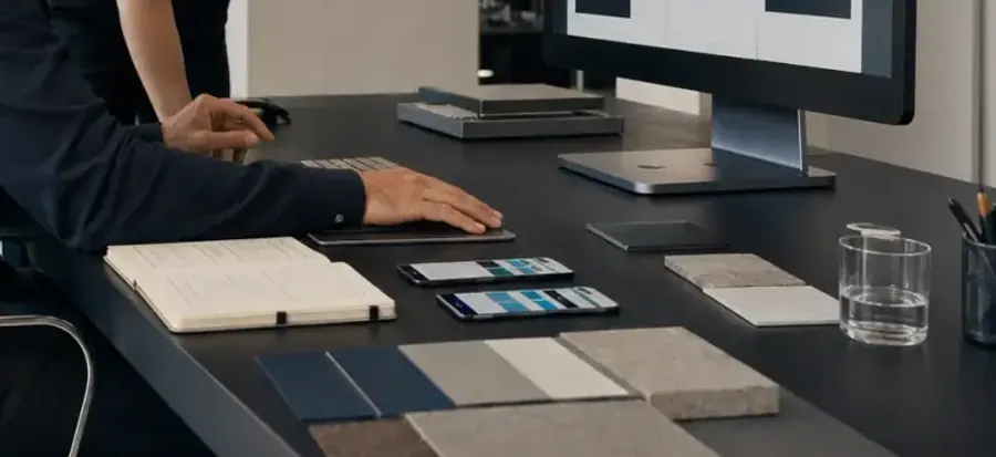 A working desk mid-project: monitor, notes and material samples during a Mind Miami session
