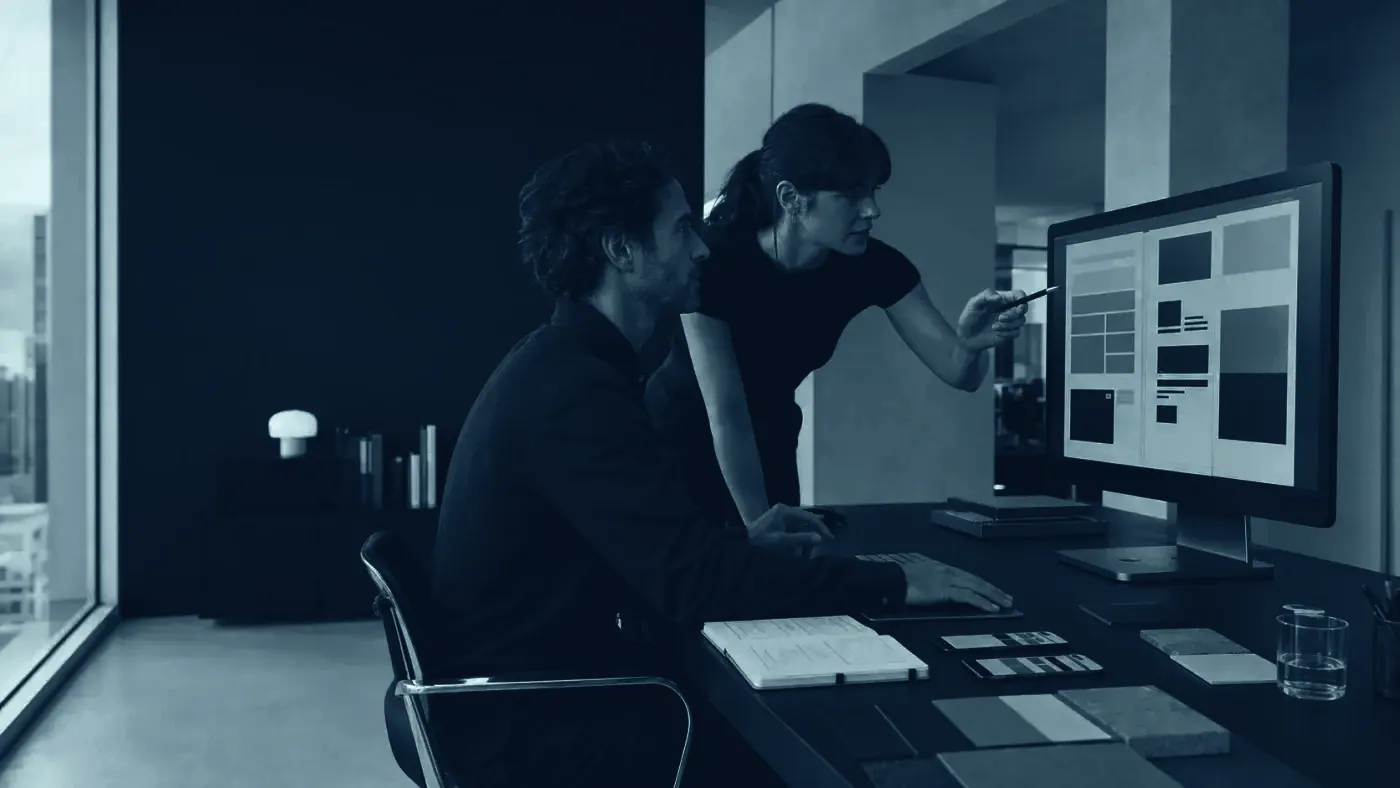 Two Mind Miami strategists at a desk reviewing a client's page layout on a studio monitor