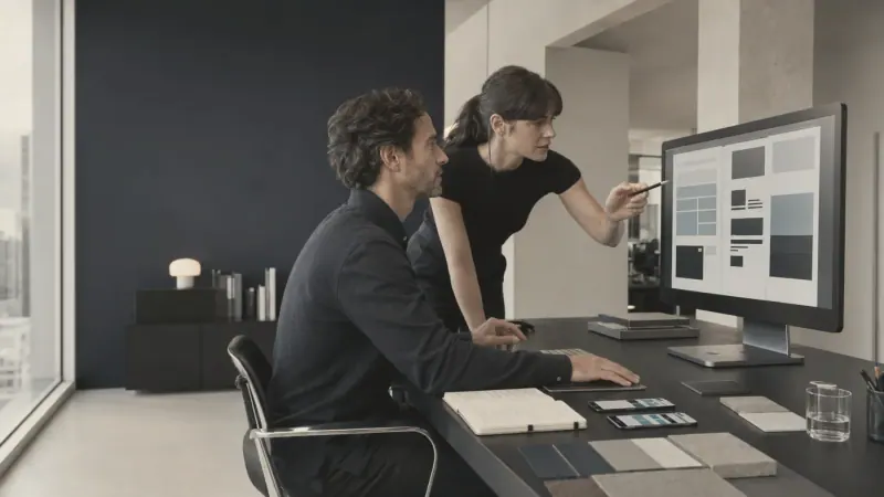 A Mind Miami designer points out a detail of a client's page layout on the studio monitor while a colleague reviews it from the desk
