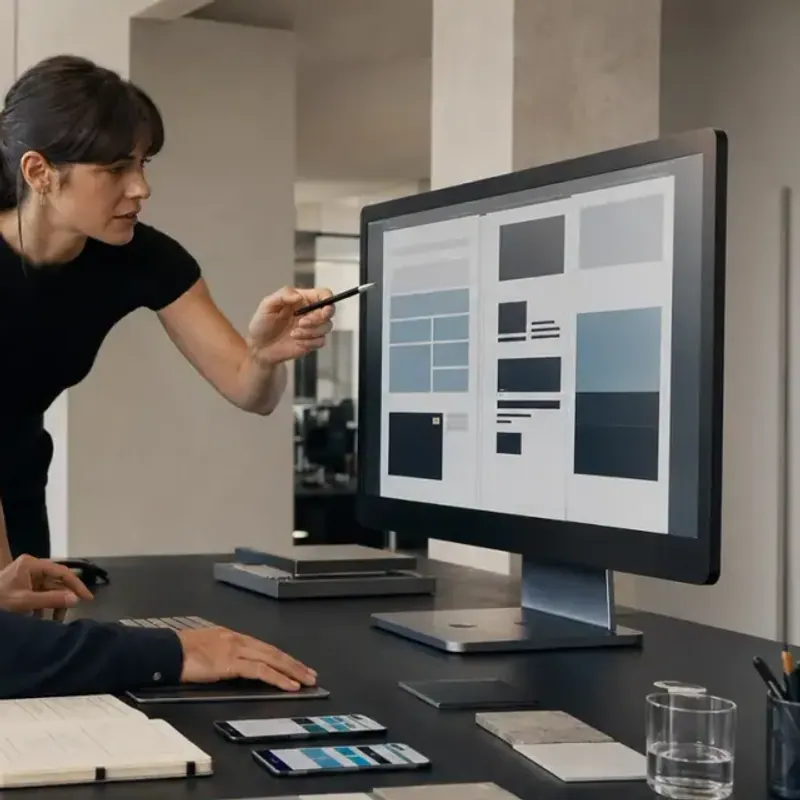 A designer points a stylus at a page layout on screen while a teammate takes notes across the desk